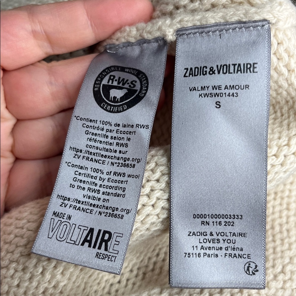 NWT Zadig & Voltaire 100% Merino Wool Valmy We Amour V Neck Sweater Small - Picture 12 of 14